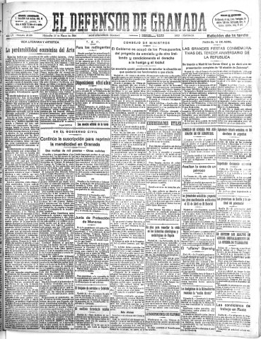 'El Defensor de Granada  : diario político independiente' - Año LV Número 29188 Ed. Tarde - 1934 Marzo 21