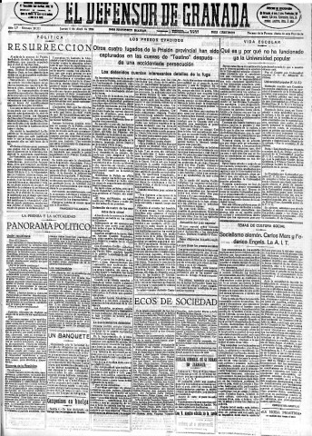 'El Defensor de Granada  : diario político independiente' - Año LV Número 29211 Ed. Mañana - 1934 Abril 05