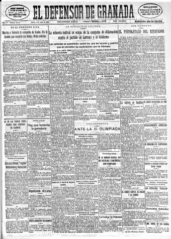 'El Defensor de Granada  : diario político independiente' - Año LV Número 29212 Ed. Tarde - 1934 Abril 05