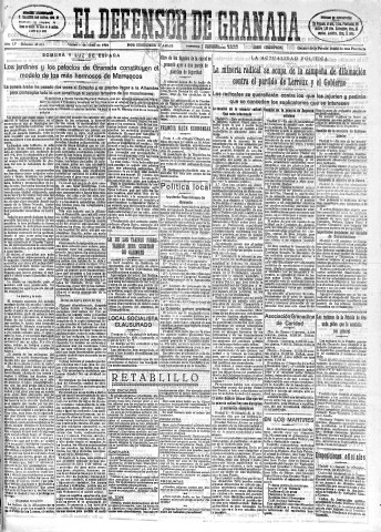 'El Defensor de Granada  : diario político independiente' - Año LV Número 29213 Ed. Mañana - 1934 Abril 06