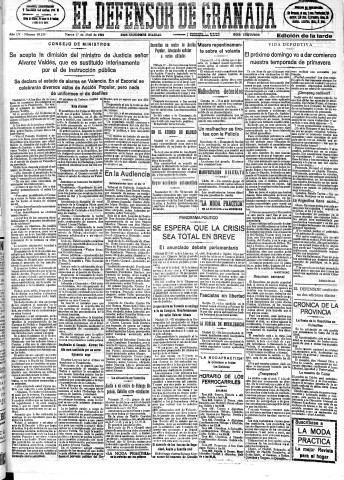 'El Defensor de Granada  : diario político independiente' - Año LV Número 29230 Ed. Tarde - 1934 Abril 17
