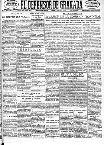 'El Defensor de Granada  : diario político independiente' - Año LV Número 29231 Ed. Mañana - 1934 Abril 18