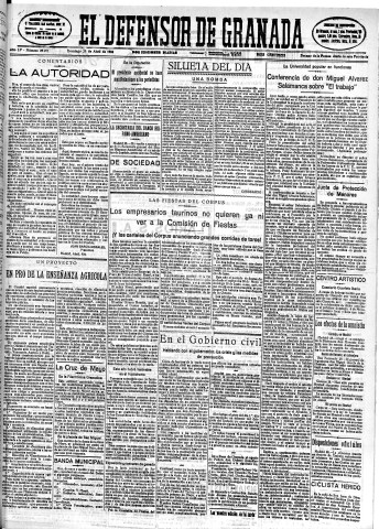 'El Defensor de Granada  : diario político independiente' - Año LV Número 29251 Ed. Mañana - 1934 Abril 29