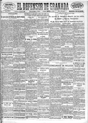 'El Defensor de Granada  : diario político independiente' - Año LV Número 29266 Ed. Tarde - 1934 Mayo 09