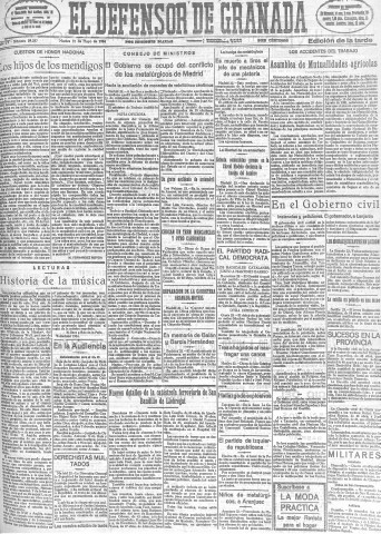 'El Defensor de Granada  : diario político independiente' - Año LV Número 29287 Ed. Tarde - 1934 Mayo 22
