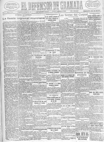 'El Defensor de Granada  : diario político independiente' - Año LV Número 29301 Ed. Tarde - 1934 Mayo 30