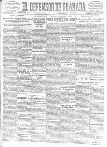 'El Defensor de Granada  : diario político independiente' - Año LV Número 29336 Ed. Tarde - 1934 Junio 22
