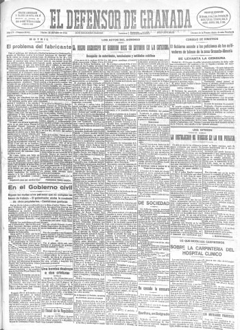 'El Defensor de Granada  : diario político independiente' - Año LV Número 29341 Ed. Mañana - 1934 Junio 26