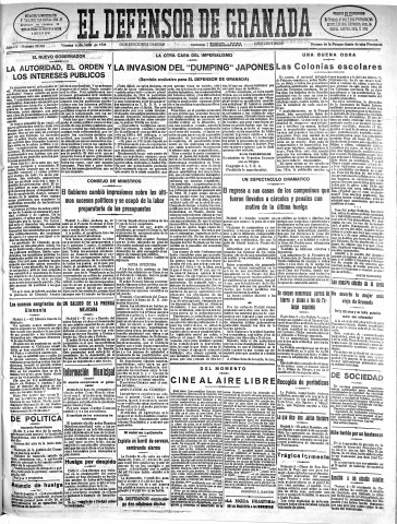 'El Defensor de Granada  : diario político independiente' - Año LV Número 29362 Ed. Mañana - 1934 Julio 06