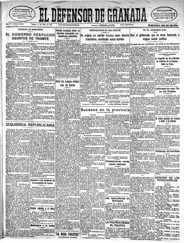 'El Defensor de Granada  : diario político independiente' - Año LV Número 29367 Ed. Tarde - 1934 Julio 10