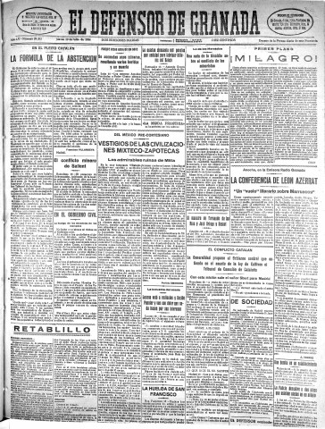 'El Defensor de Granada  : diario político independiente' - Año LV Número 29382 Ed. Mañana - 1934 Julio 19