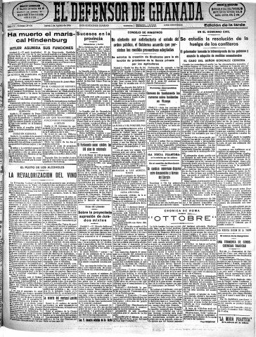 'El Defensor de Granada  : diario político independiente' - Año LV Número 29406 Ed. Tarde - 1934 Agosto 02