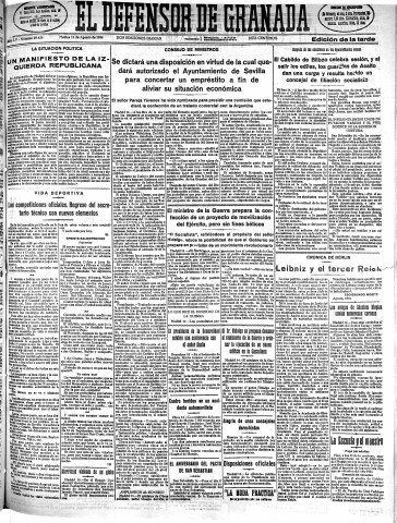 'El Defensor de Granada  : diario político independiente' - Año LV Número 29426 Ed. Tarde - 1934 Agosto 14