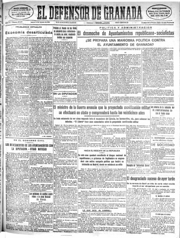 'El Defensor de Granada  : diario político independiente' - Año LV Número 29429 Ed. Mañana - 1934 Agosto 16