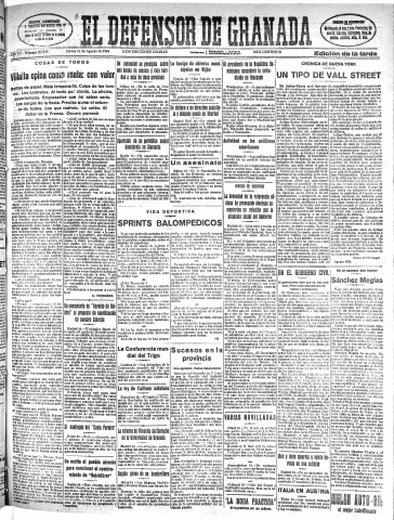 'El Defensor de Granada  : diario político independiente' - Año LV Número 29430 Ed. Tarde - 1934 Agosto 16