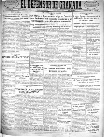 'El Defensor de Granada  : diario político independiente' - Año LV Número 29444 Ed. Tarde - 1934 Agosto 24