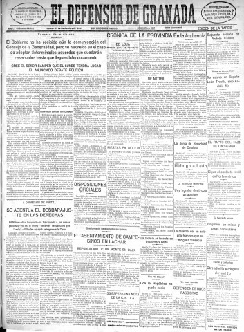 'El Defensor de Granada  : diario político independiente' - Año LV Número 29502 Ed. Tarde - 1934 Septiembre 27