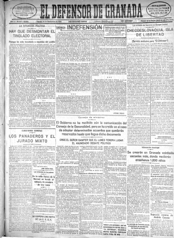 'El Defensor de Granada  : diario político independiente' - Año LV Número 29503 Ed. Mañana - 1934 Septiembre 28