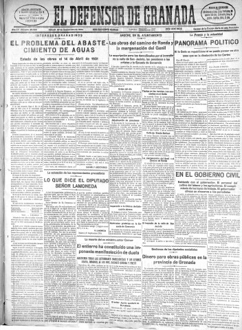 'El Defensor de Granada  : diario político independiente' - Año LV Número 29505 Ed. Mañana - 1934 Septiembre 29