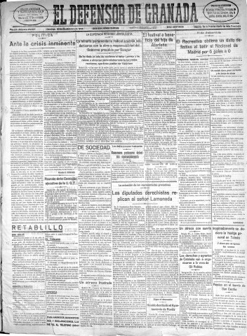 'El Defensor de Granada  : diario político independiente' - Año LV Número 29507 Ed. Mañana - 1934 Septiembre 30