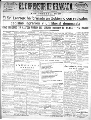 'El Defensor de Granada  : diario político independiente' - Año LV Número 29515 Ed. Mañana - 1934 Octubre 05