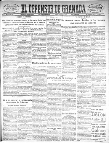 'El Defensor de Granada  : diario político independiente' - Año LV Número 29528 Ed. Tarde - 1934 Octubre 13