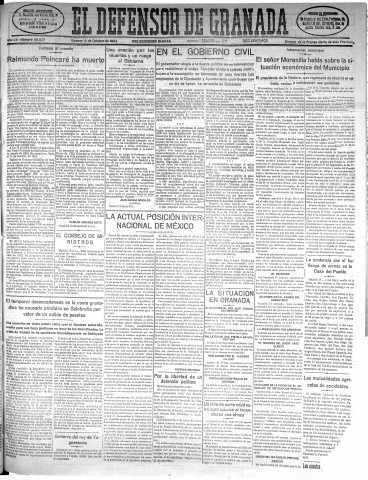 'El Defensor de Granada  : diario político independiente' - Año LV Número 29537 Ed. Mañana - 1934 Octubre 19