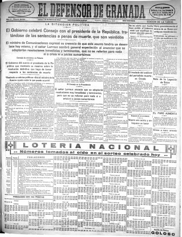 'El Defensor de Granada  : diario político independiente' - Año LV Número 29560 Ed. Tarde - 1934 Noviembre 01