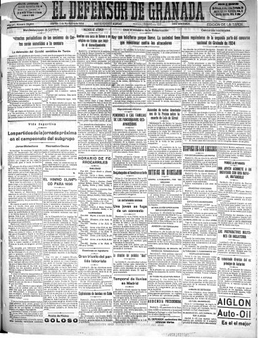 'El Defensor de Granada  : diario político independiente' - Año LV Número 29563 Ed. Tarde - 1934 Noviembre 02