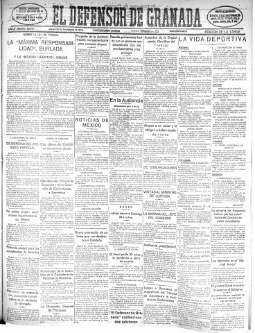'El Defensor de Granada  : diario político independiente' - Año LV Número 29597 Ed. Tarde - 1934 Noviembre 22