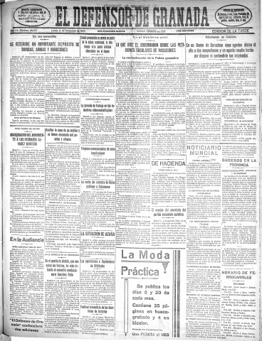 'El Defensor de Granada  : diario político independiente' - Año LV Número 29615 Ed. Tarde - 1934 Diciembre 03