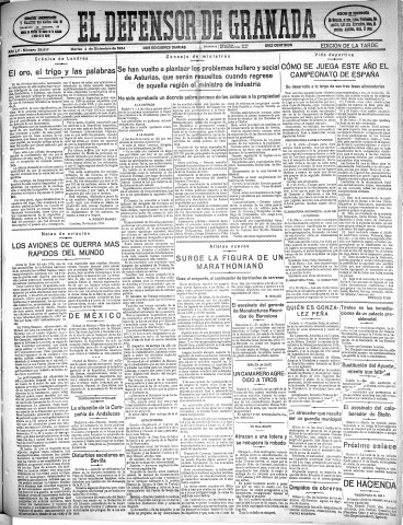 'El Defensor de Granada  : diario político independiente' - Año LV Número 29617 Ed. Tarde - 1934 Diciembre 04
