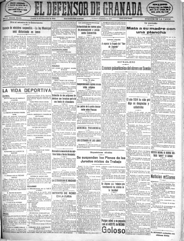 'El Defensor de Granada  : diario político independiente' - Año LV Número 29634 Ed. Tarde - 1934 Diciembre 14
