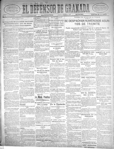 'El Defensor de Granada  : diario político independiente' - Año LV Número 29640 Ed. Tarde - 1934 Diciembre 20