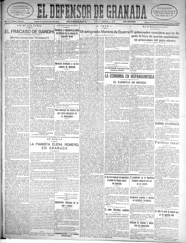 'El Defensor de Granada  : diario político independiente' - Año LV Número 29649 Ed. Mañana - 1934 Diciembre 27