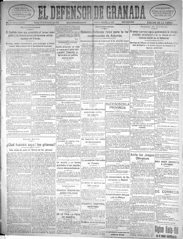 'El Defensor de Granada  : diario político independiente' - Año LV Número 29654 Ed. Tarde - 1934 Diciembre 29