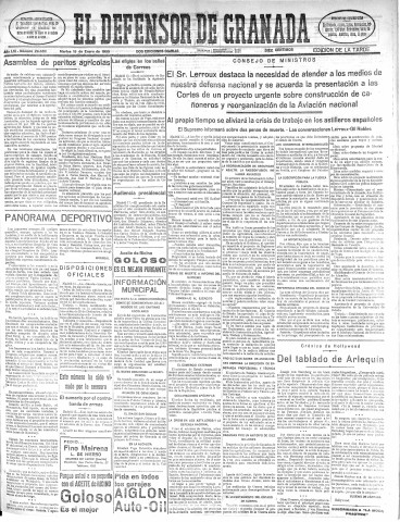 'El Defensor de Granada  : diario político independiente' - Año LVI Número 29683 Ed. Tarde - 1935 Enero 15