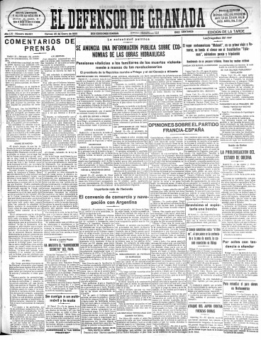 'El Defensor de Granada  : diario político independiente' - Año LVI Número 29698 Ed. Tarde - 1935 Enero 25