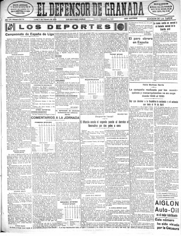 'El Defensor de Granada  : diario político independiente' - Año LVI Número 29713 Ed. Tarde - 1935 Febrero 04