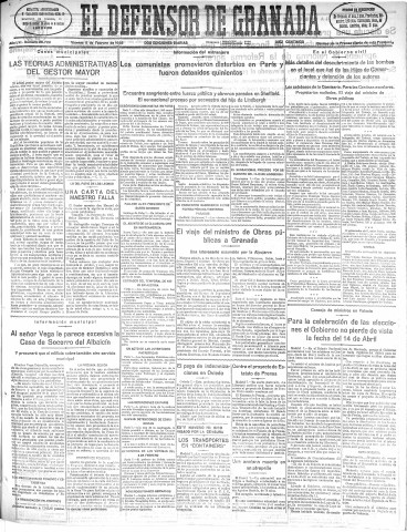 'El Defensor de Granada  : diario político independiente' - Año LVI Número 29720 Ed. Mañana - 1935 Febrero 08