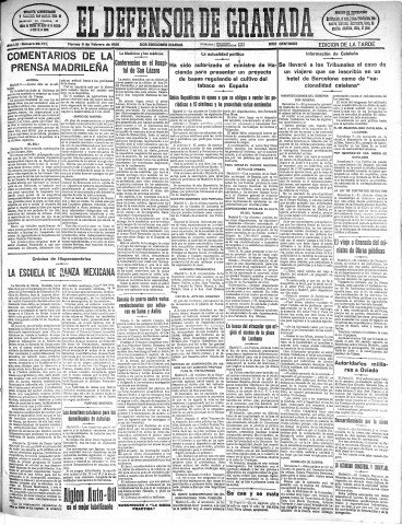'El Defensor de Granada  : diario político independiente' - Año LVI Número 29721 Ed. Tarde - 1935 Febrero 08