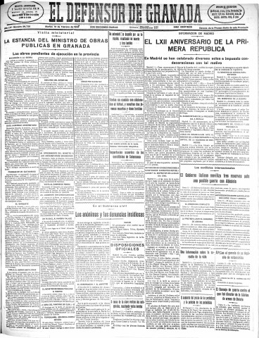 'El Defensor de Granada  : diario político independiente' - Año LVI Número 29726 Ed. Mañana - 1935 Febrero 12