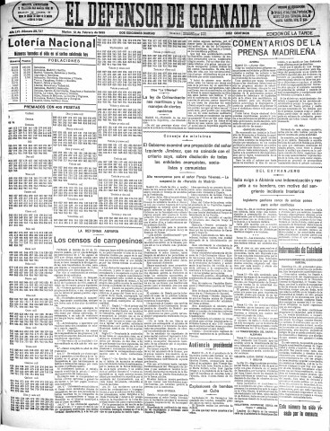 'El Defensor de Granada  : diario político independiente' - Año LVI Número 29727 Ed. Tarde - 1935 Febrero 12