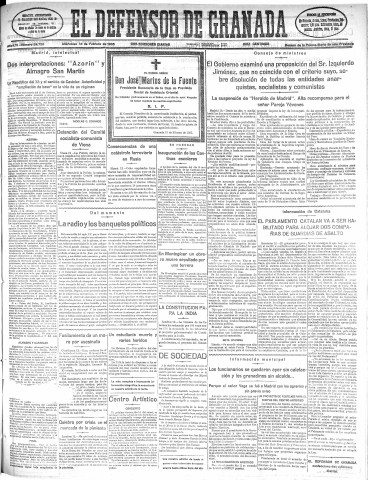 'El Defensor de Granada  : diario político independiente' - Año LVI Número 29728 Ed. Mañana - 1935 Febrero 13