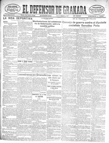 'El Defensor de Granada  : diario político independiente' - Año LVI Número 29733 Ed. Tarde - 1935 Febrero 15