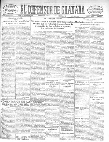 'El Defensor de Granada  : diario político independiente' - Año LVI Número 29745 Ed. Tarde - 1935 Febrero 22
