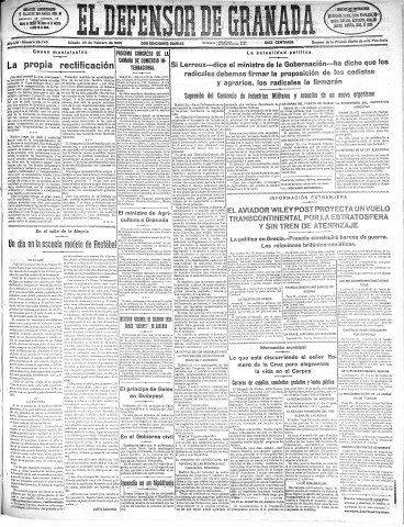 'El Defensor de Granada  : diario político independiente' - Año LVI Número 29746 Ed. Mañana - 1935 Febrero 23
