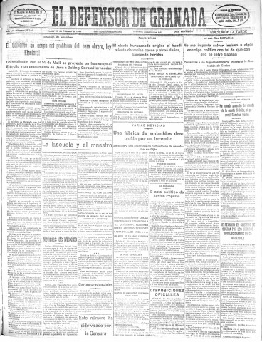 'El Defensor de Granada  : diario político independiente' - Año LVI Número 29749 Ed. Tarde - 1935 Febrero 25