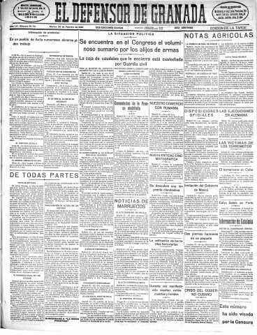 'El Defensor de Granada  : diario político independiente' - Año LVI Número 29751 Ed. Tarde - 1935 Febrero 26