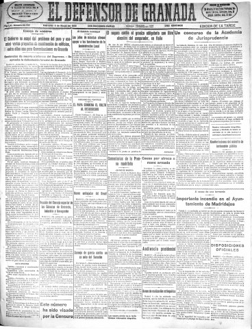 'El Defensor de Granada  : diario político independiente' - Año LVI Número 29765 Ed. Tarde - 1935 Marzo 06